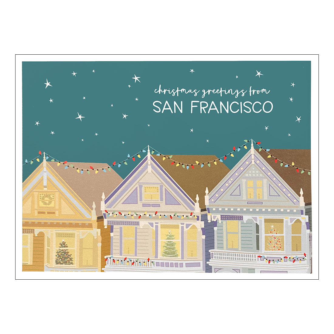 Illustration of Victorian houses with Christmas lights against a starry night sky, text 'Christmas greetings from San Francisco'.