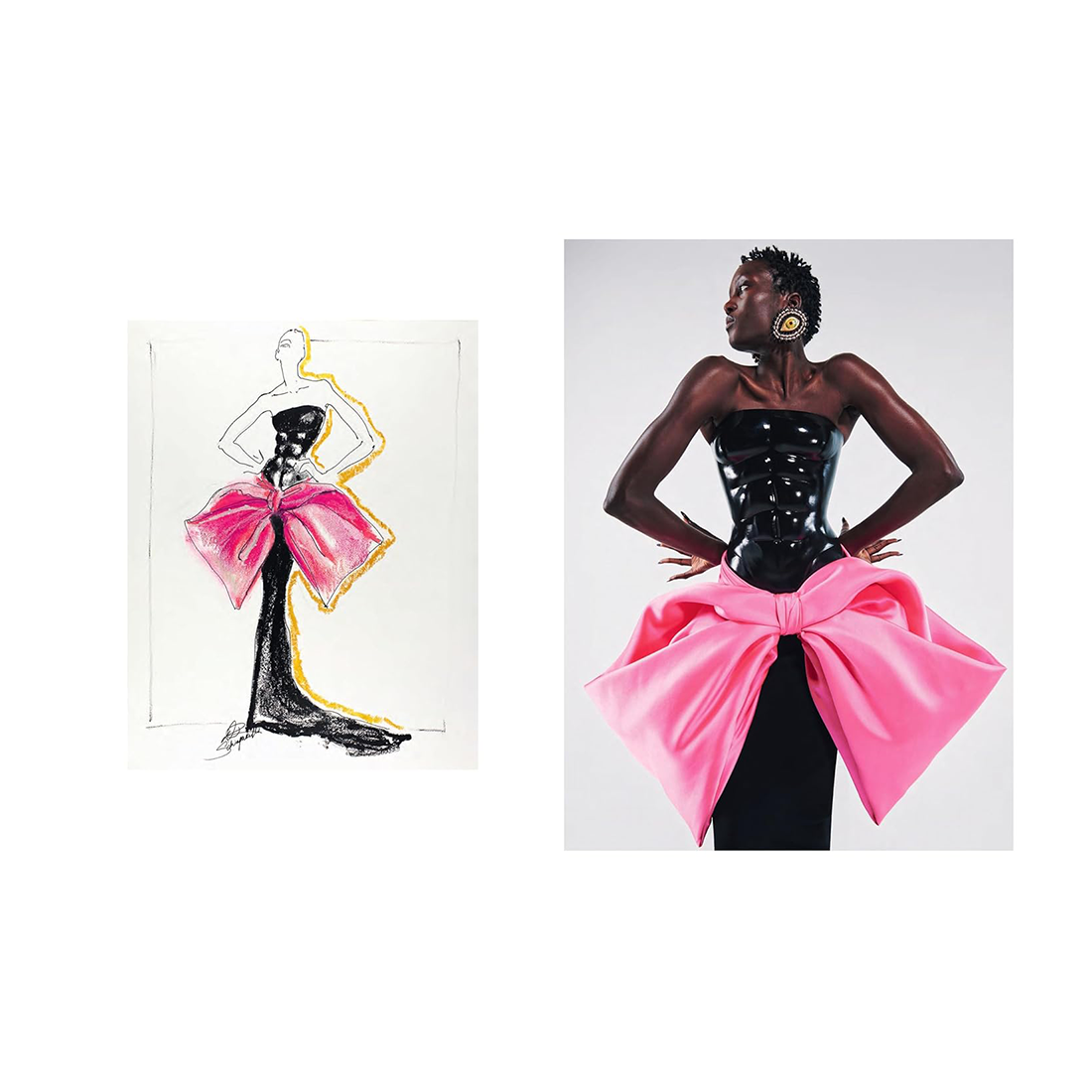 Model in a black dress with a large pink bow and a drawing of the same dress with a pink bow 