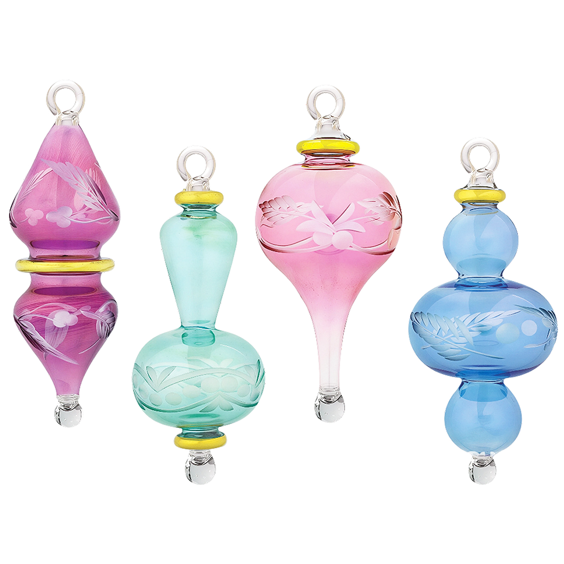 Set of 4 Clear Etched Egyptian Glass Ornaments