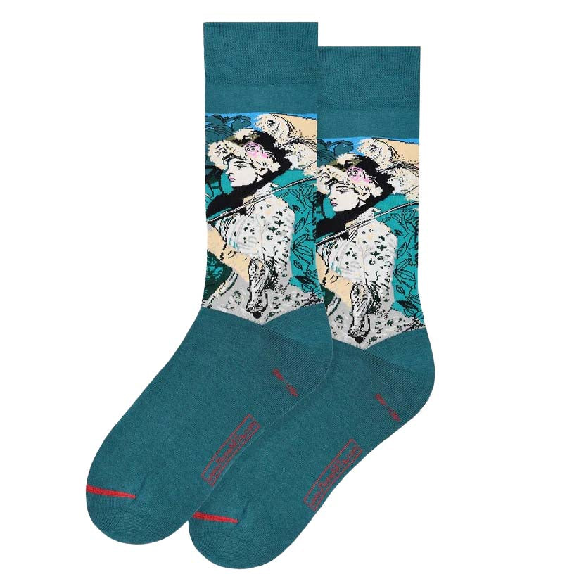 Teal socks with artistic design on a white background