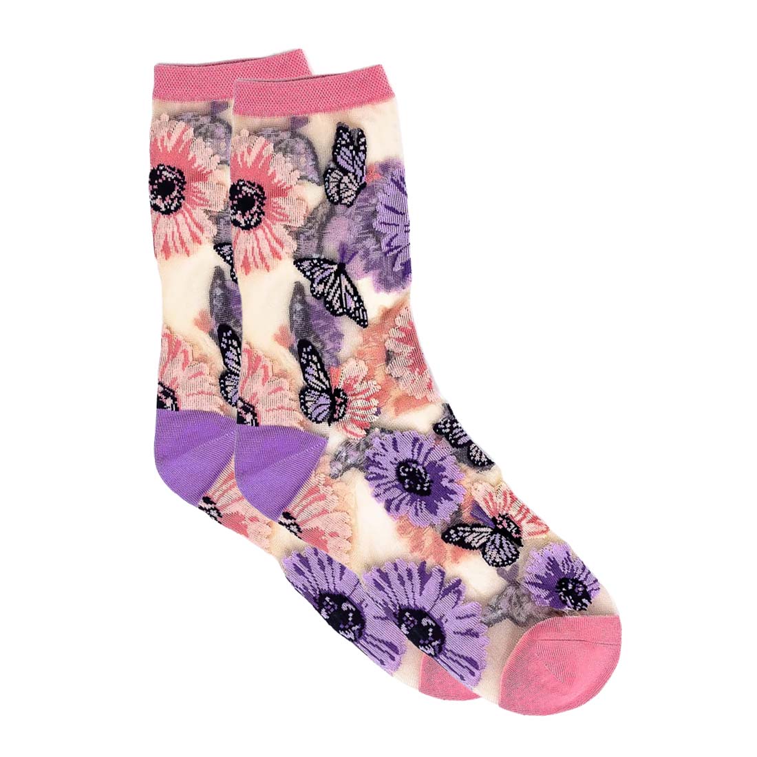 Colorful socks with floral and butterfly design on a white background