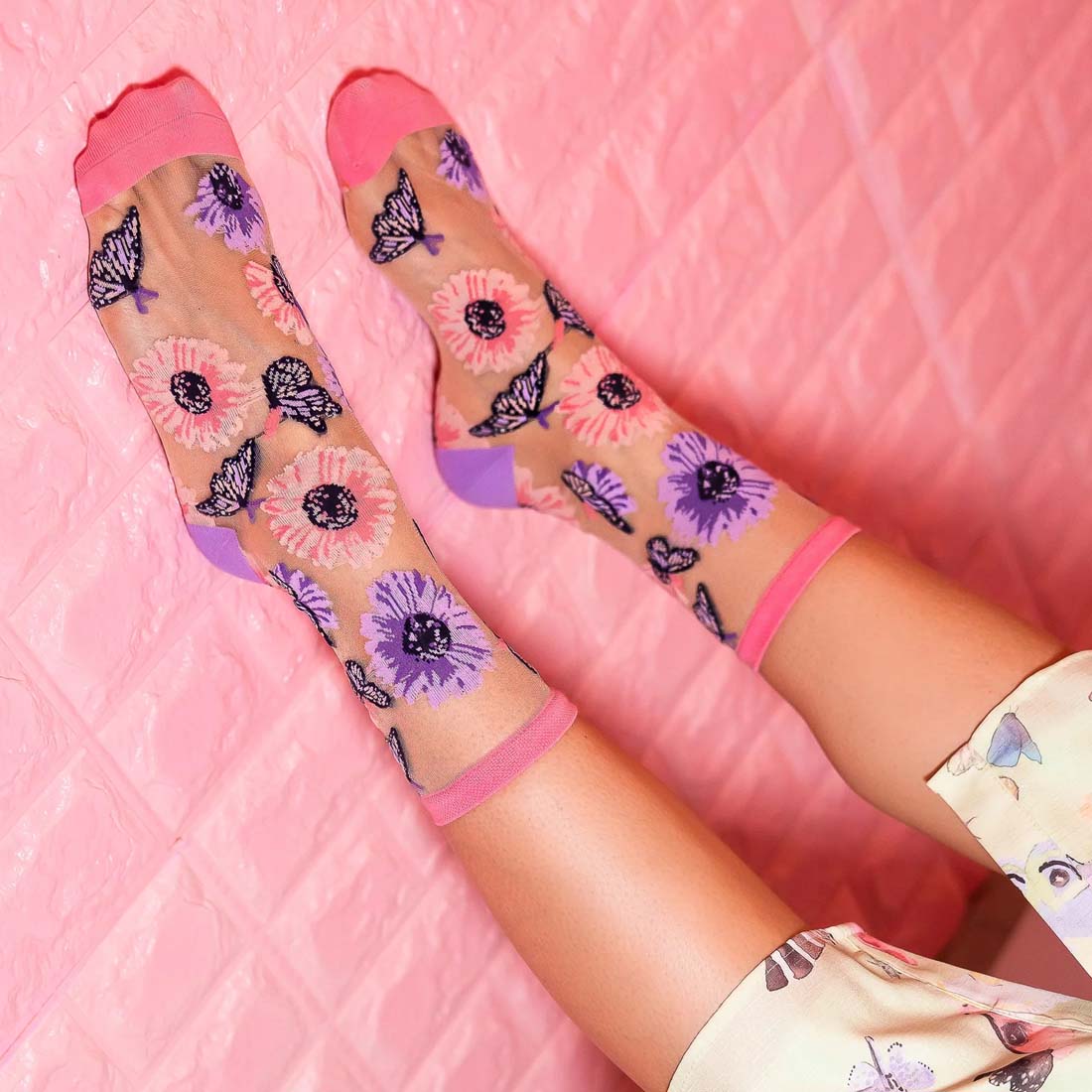 Sunflower Butterfly Sheer Crew Sock