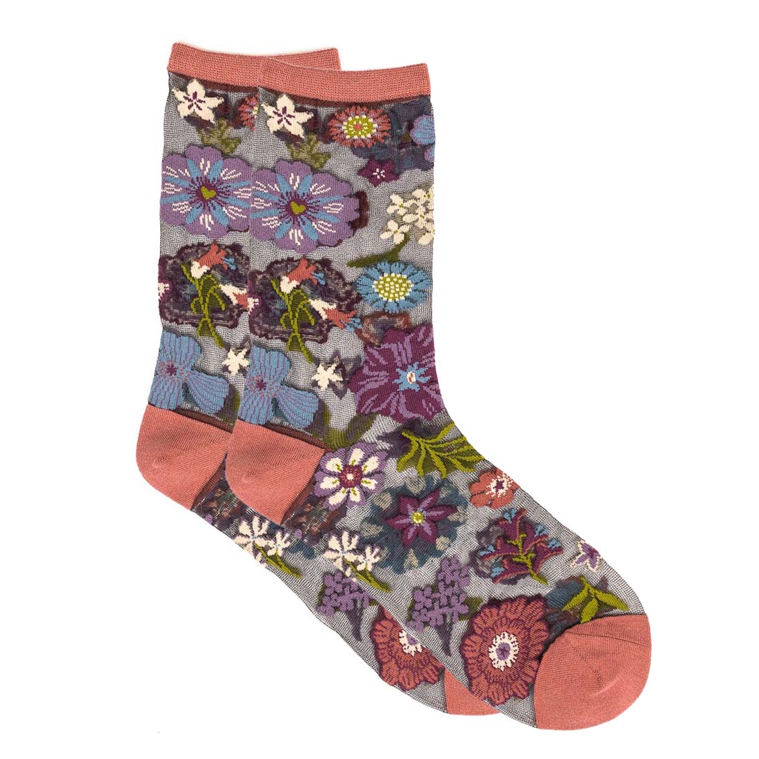 Floral patterned sock with pink accents on a white background