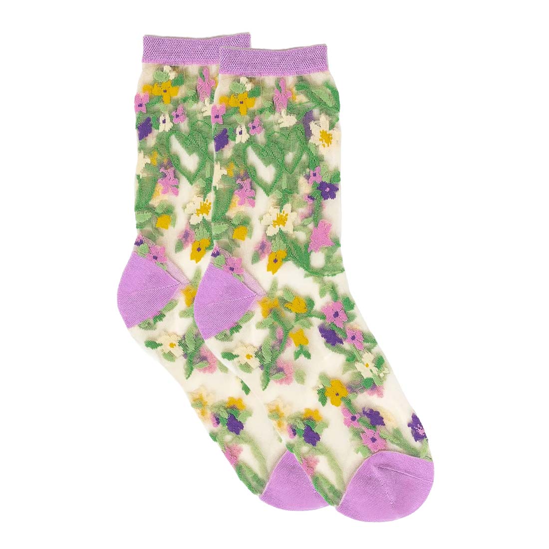 Floral patterned socks with purple accents on a white background