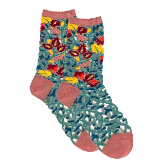 Colorful floral-patterned socks with a textured design on a white background