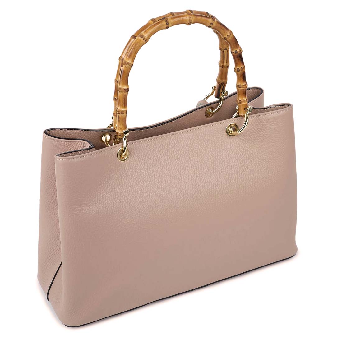 Beige handbag with bamboo handle on a white background