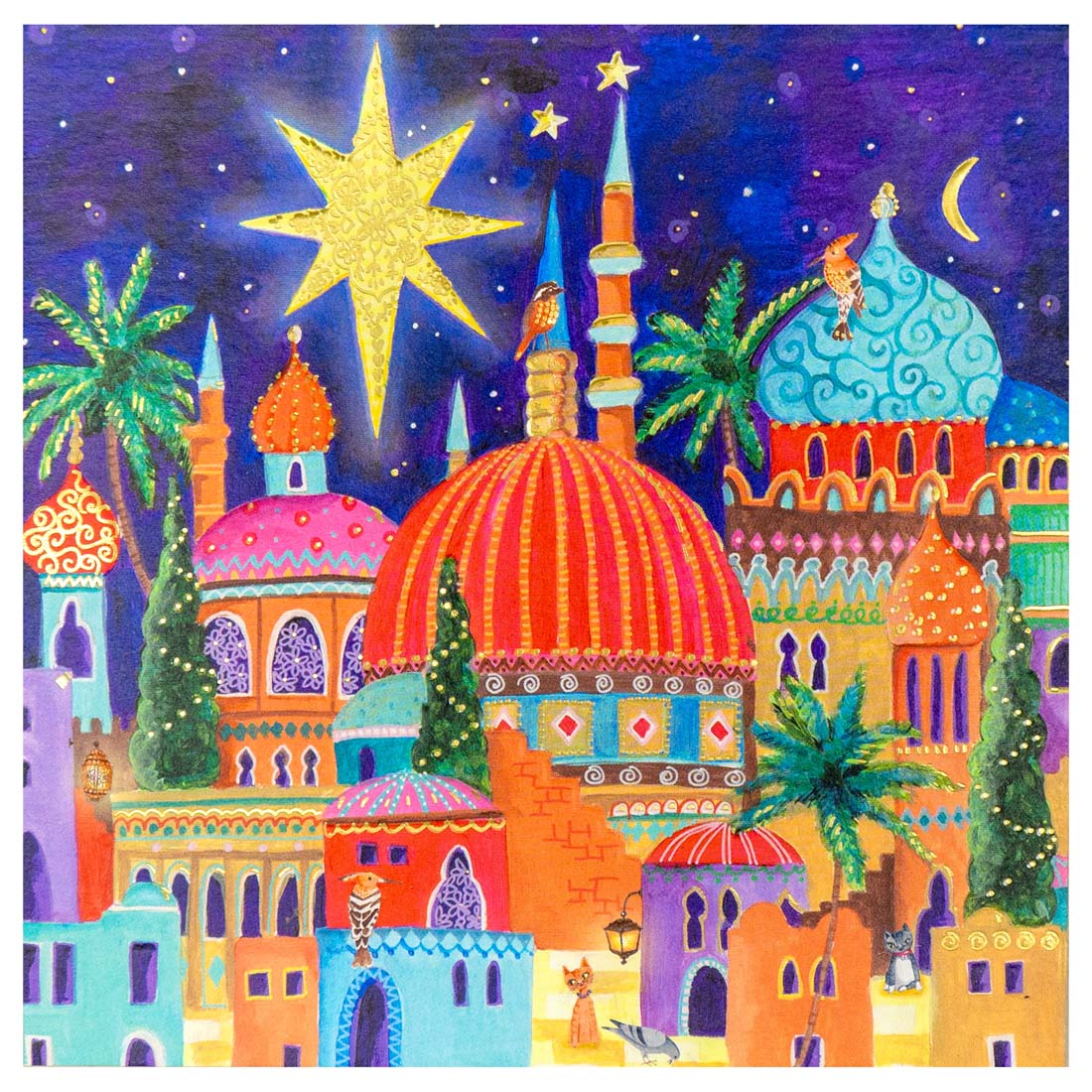 Colorful illustration of a cityscape with domes and a star in the night sky