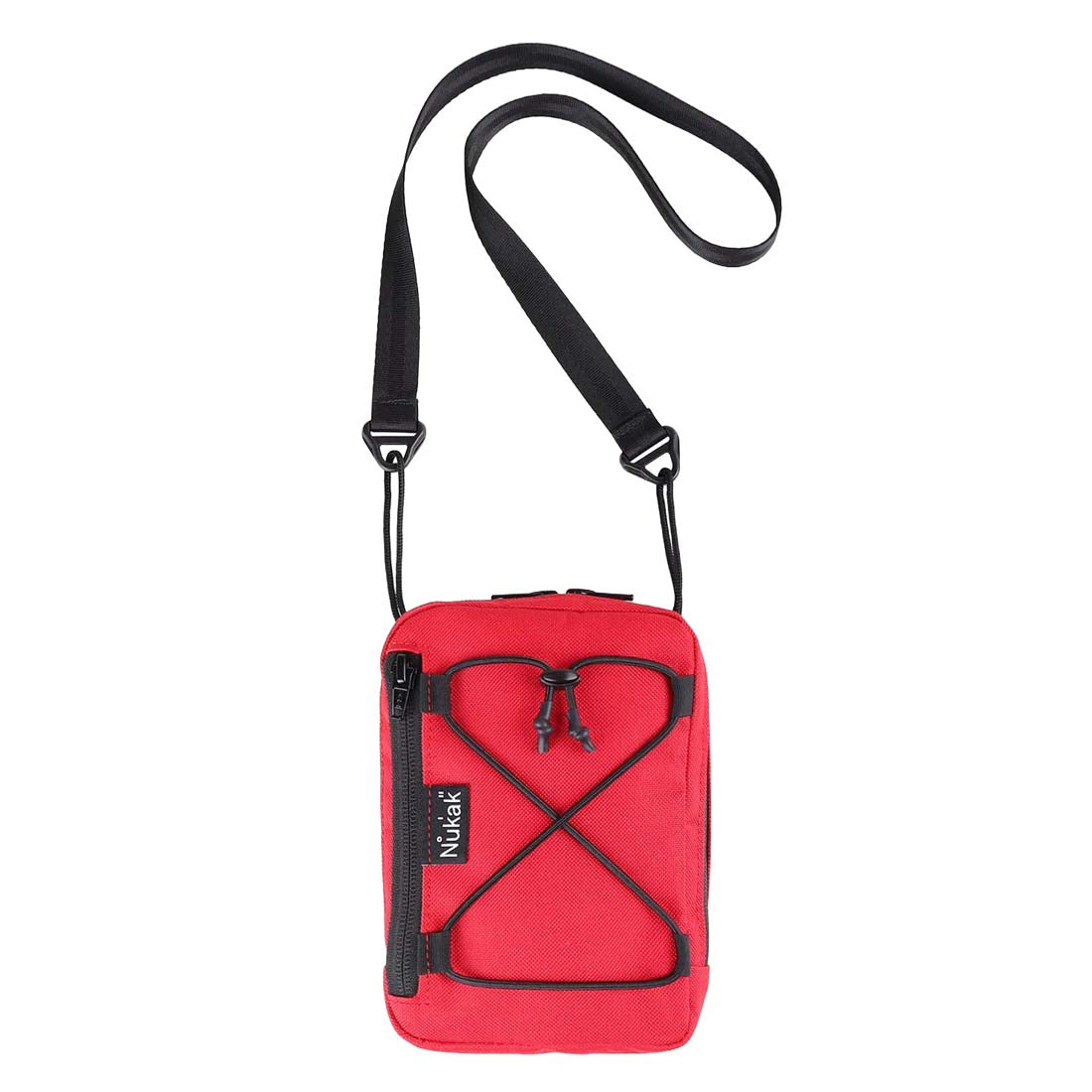 Red crossbody bag with black strap and visible brand logo on a white background