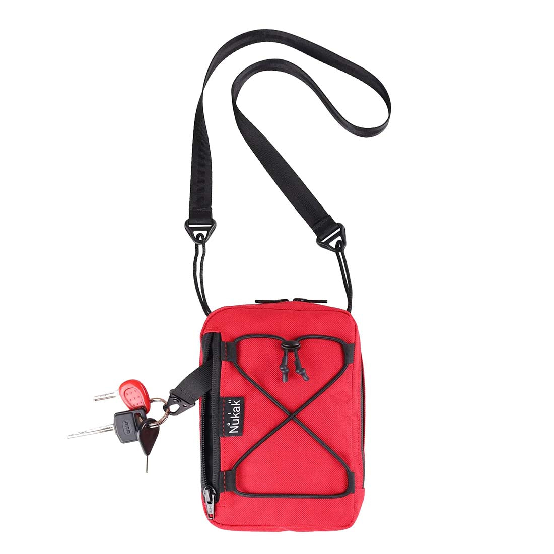 Red crossbody bag with black strap and visible brand logo on a white background