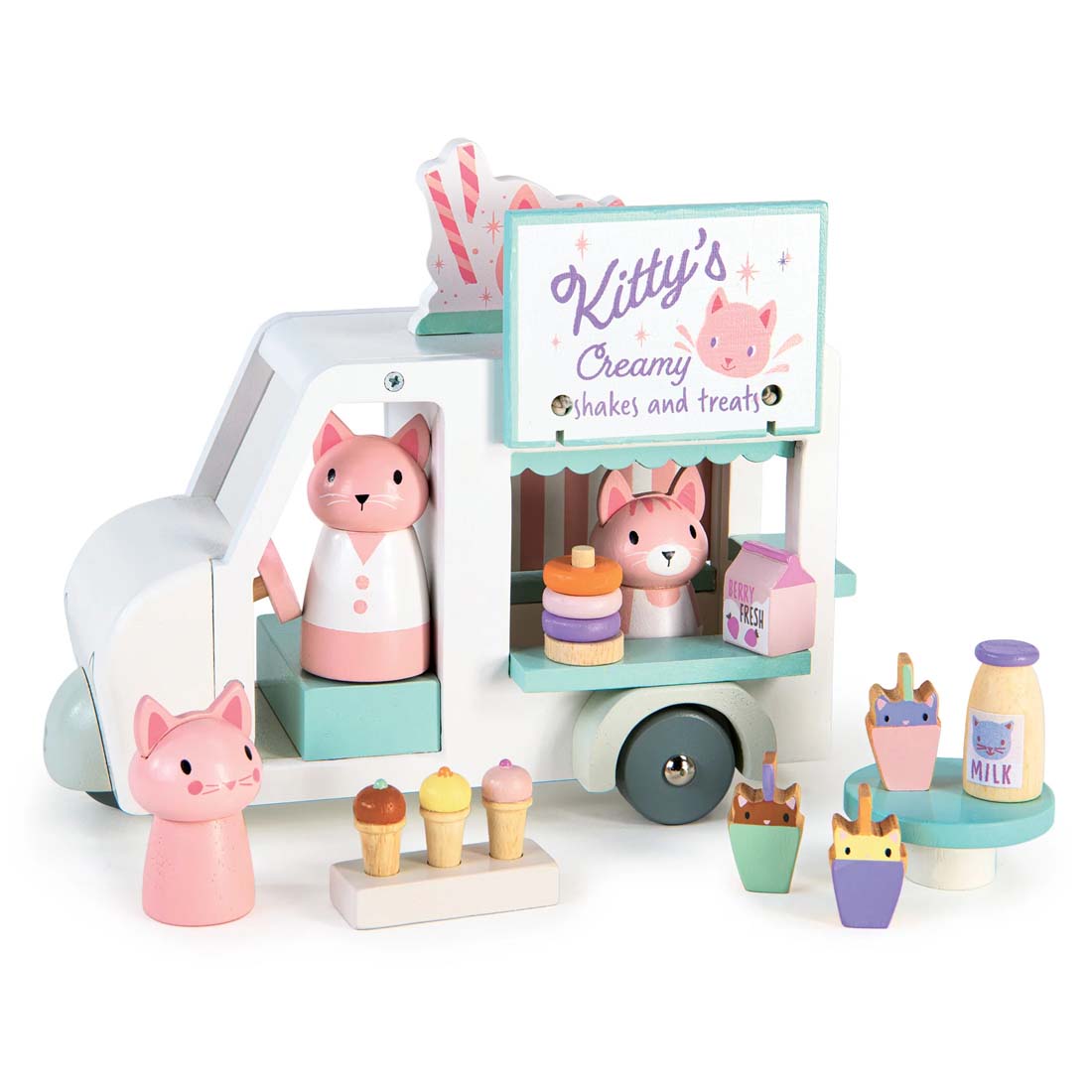 Toy ice cream cart with pink cat figures and various ice cream cones on a white background