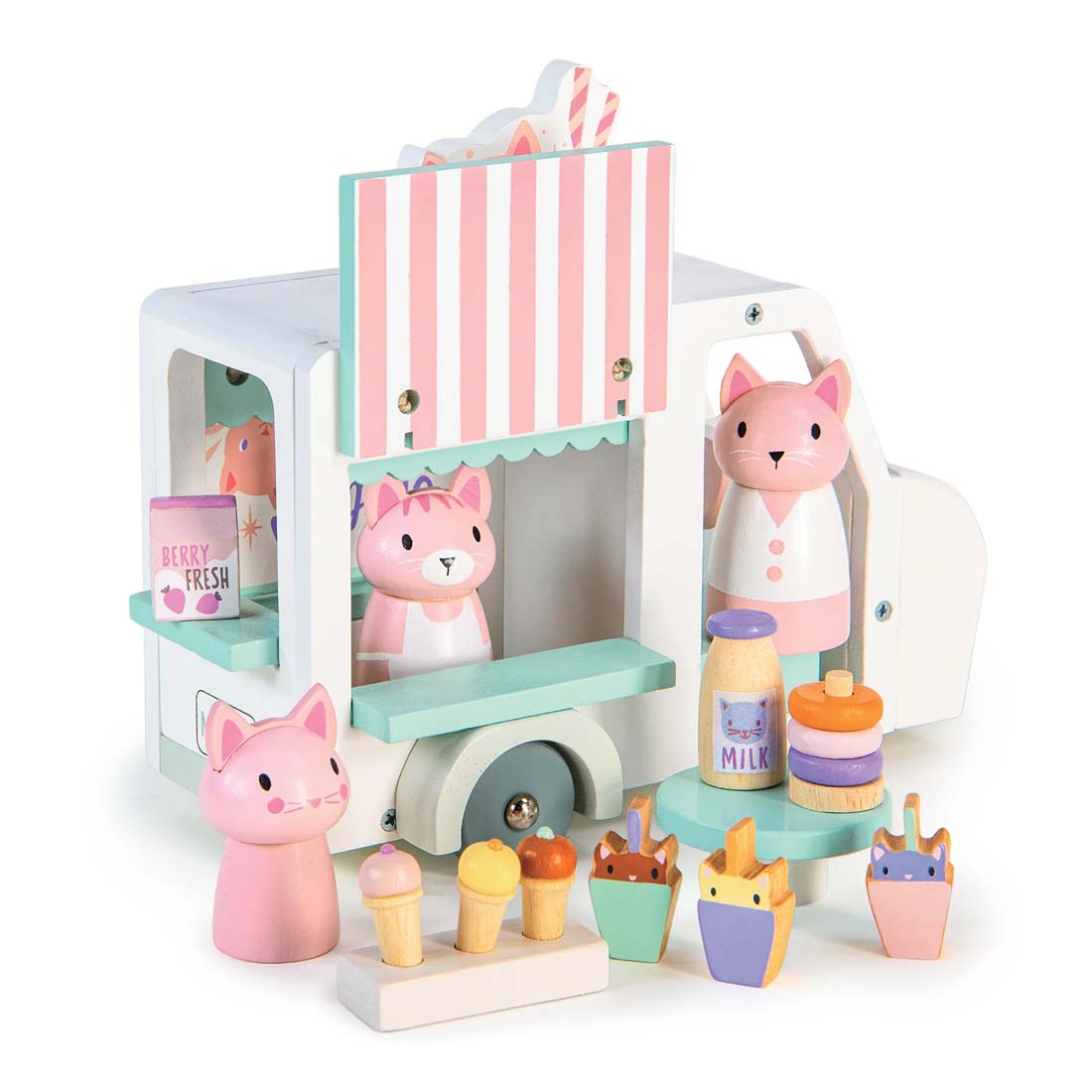 Toy ice cream cart with pink cat figures and various ice cream cones on a white background