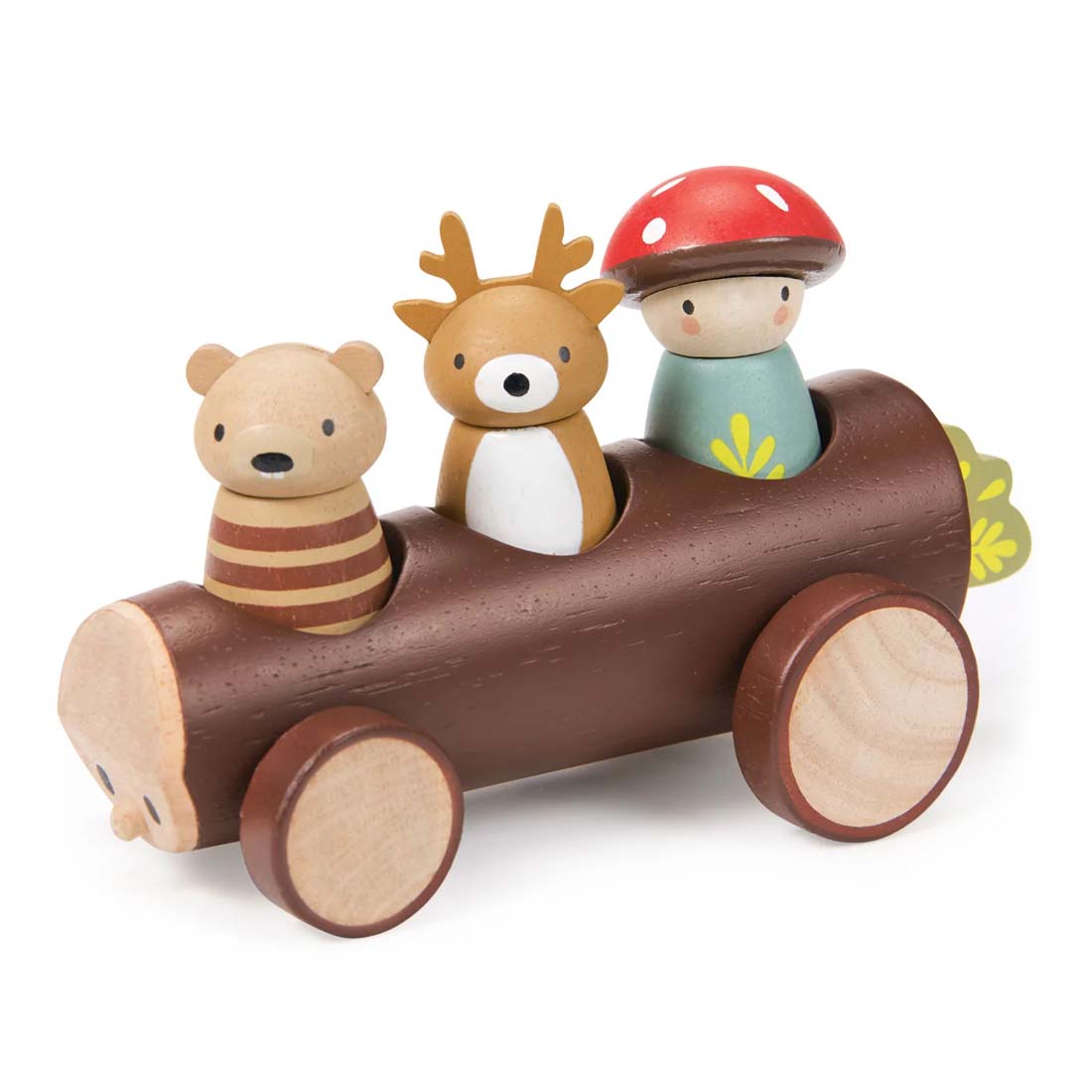 Wooden toy log with animal figures on a white background