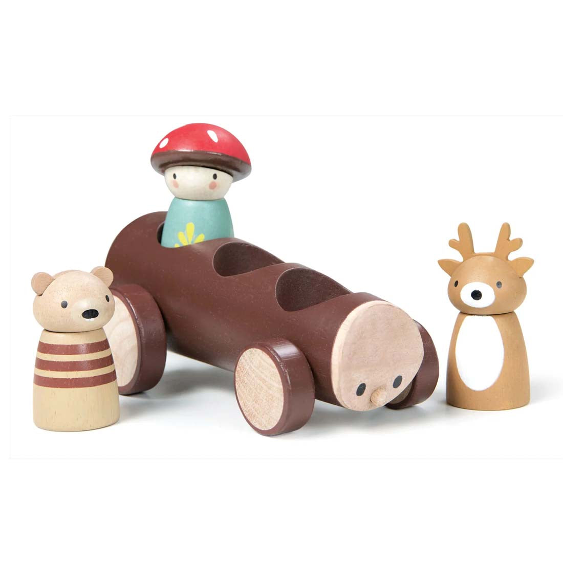Wooden toy log with animal figures on a white background