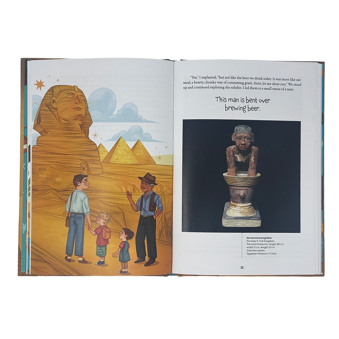 Open book with illustrations of a sphinx, pyramids, and a statue, with text on a white background.