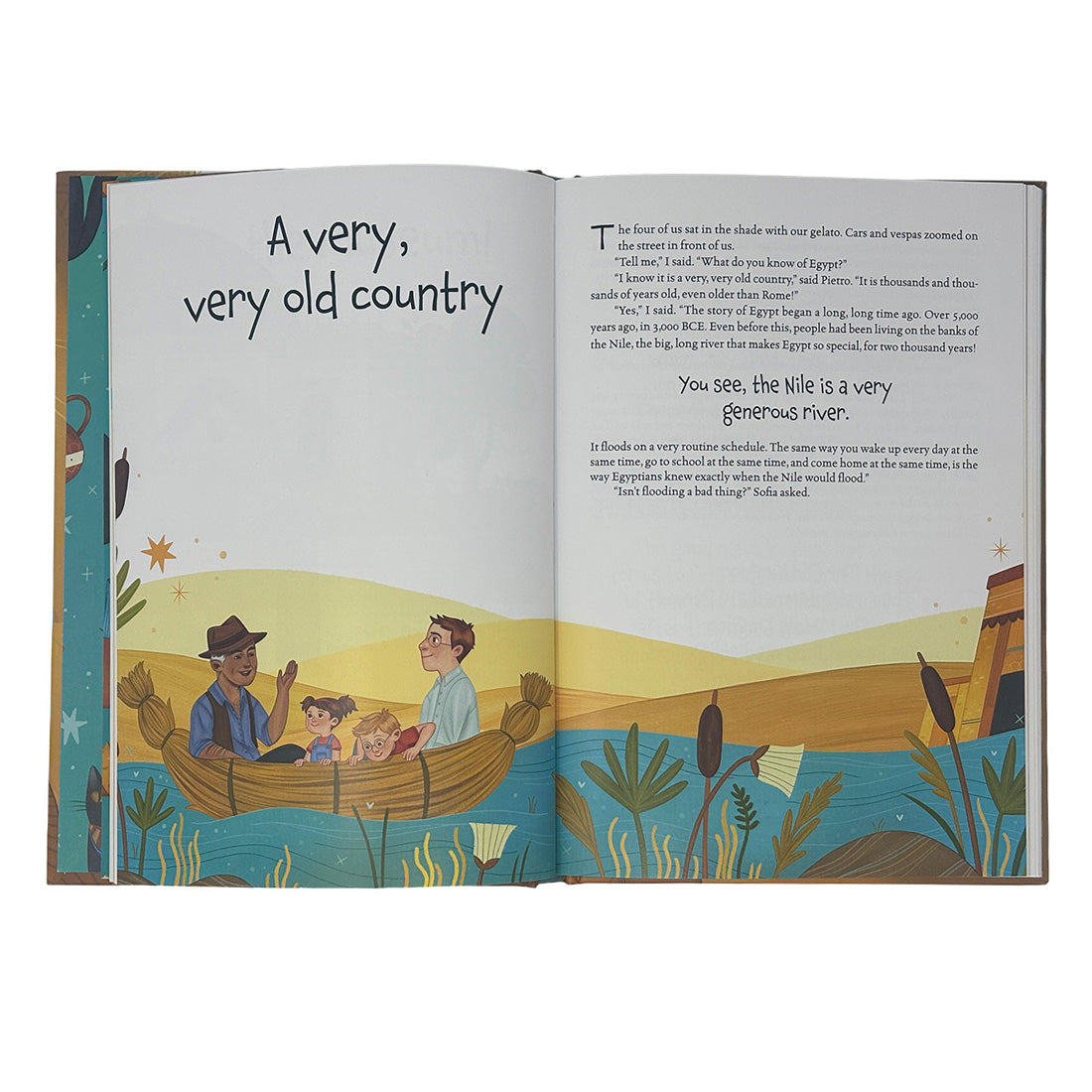 Open book with illustrations and text about a river and people in a boat.