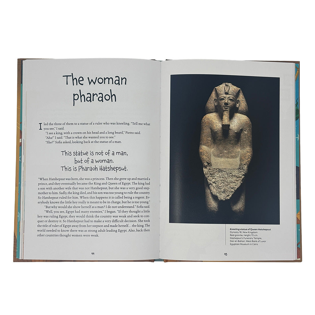 Open book with text and image of a statue labeled 'The woman pharaoh' on a white background