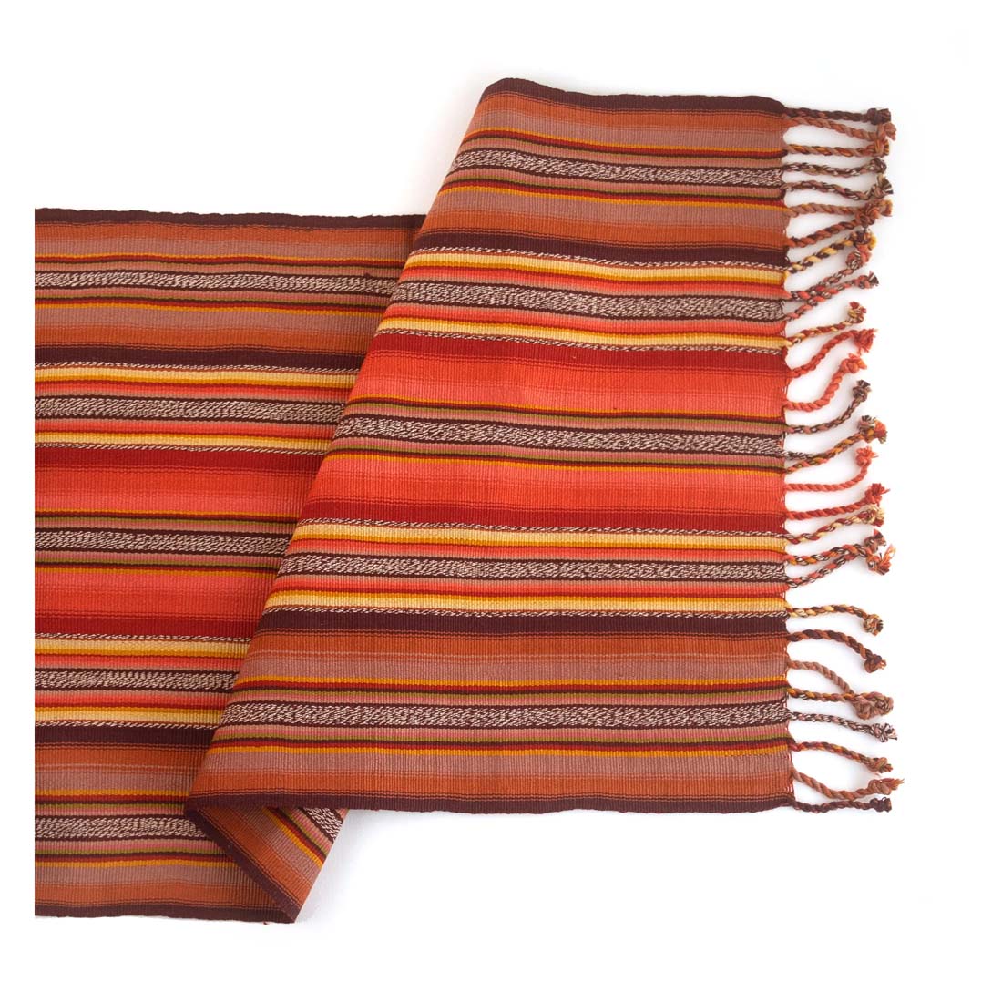 Striped fabric with orange, brown, and yellow colors on a white background
