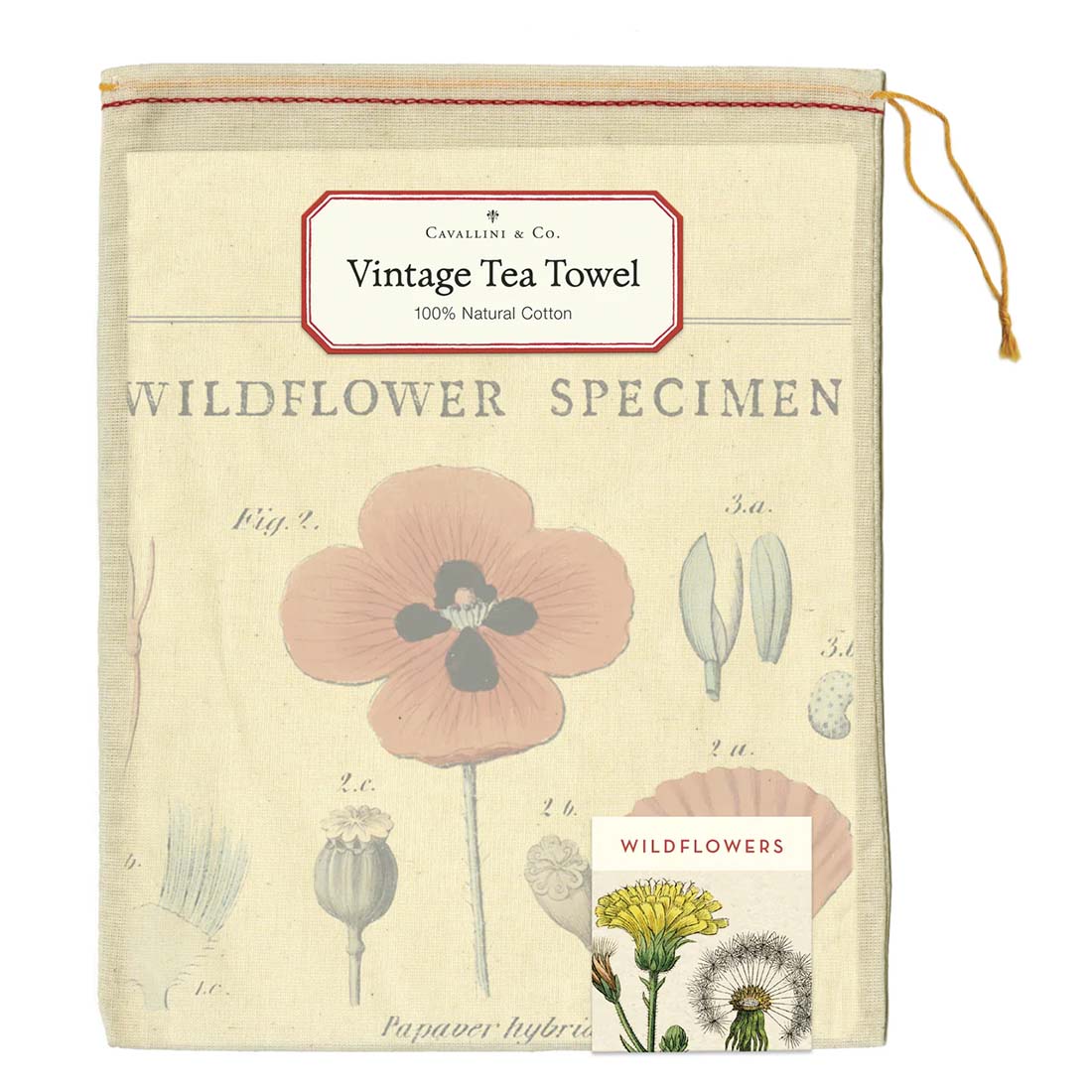 A tea towel with a printed wildflower design, displayed flat.