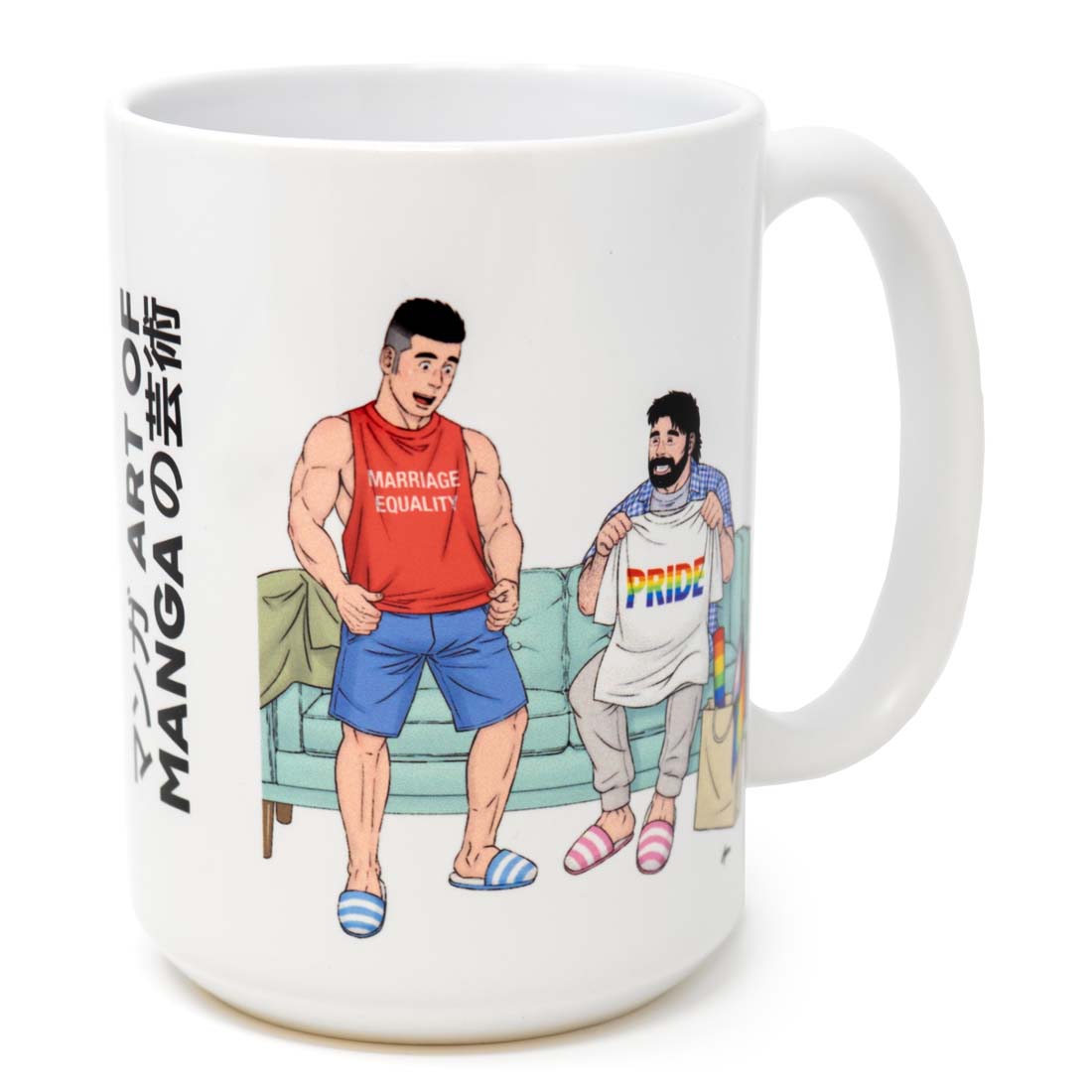 Mug with cartoon characters on a couch, one wearing a 'Marriage Equality' shirt and the other a 'Pride' shirt.