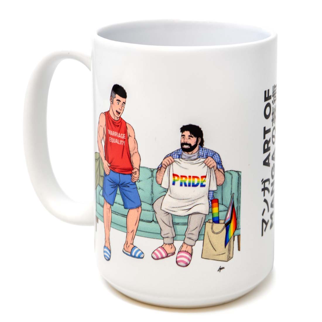 Mug with cartoon characters on a couch, one wearing a 'Marriage Equality' shirt and the other a 'Pride' shirt.