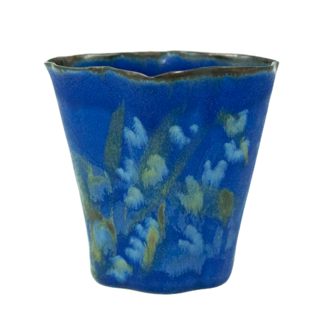 Ceramic blue vase with brown and yellow floral design