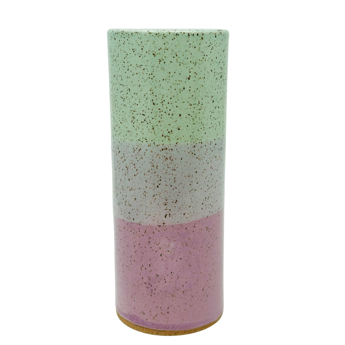 Cylindrical ceramic vase with three-tone speckled design 