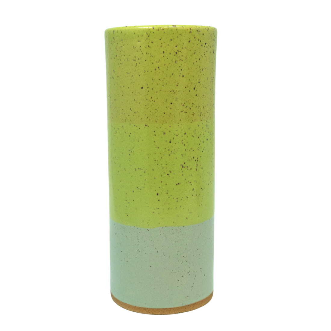 Cylindrical ceramic vase with three-tone speckled design 