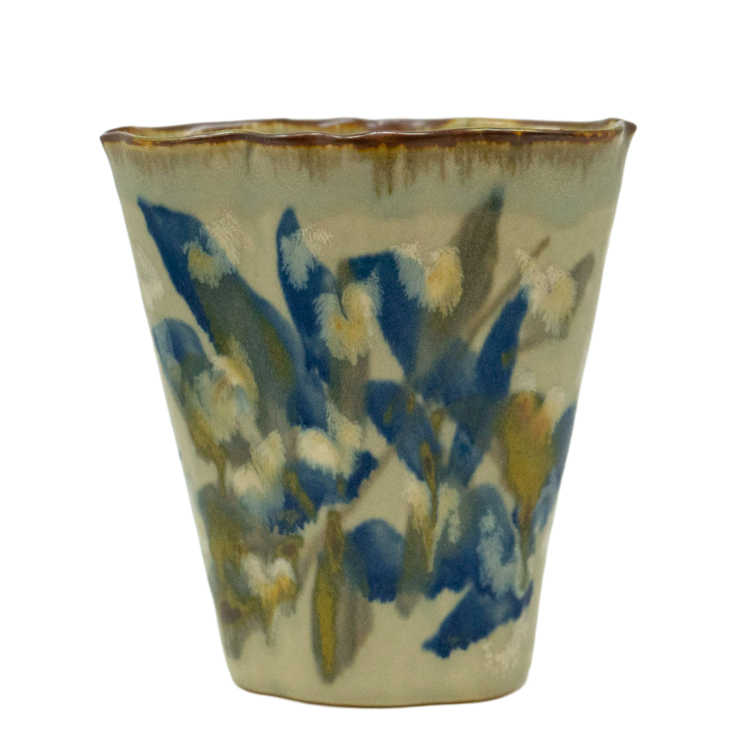 Ceramic green vase with blue and yellow floral design.