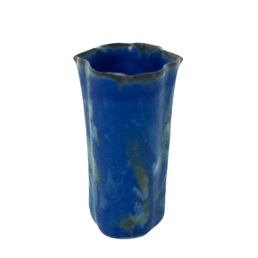 Ceramic blue vase with brown and yellow floral design