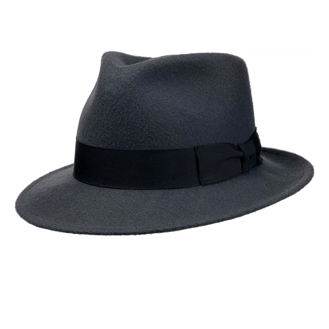 Dark gray fedora hat with a black band on a white background