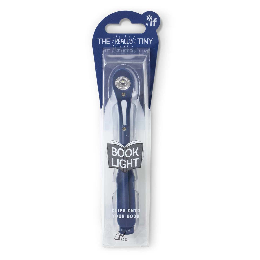 Blue book light with packaging labeled 'The Really Tiny Book Light' on a white background