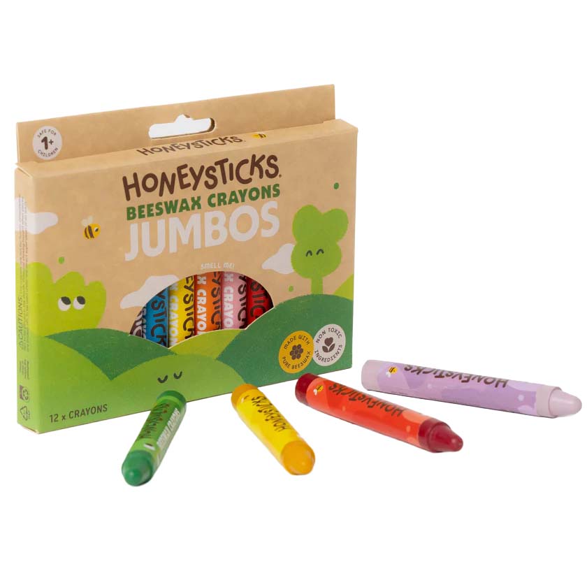Honeysticks Beeswax Crayons Jumbos packaging with crayons displayed in front on a white background