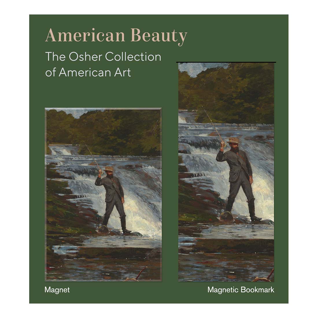 Product packaging for a magnet and magnetic bookmark set featuring artwork of a man fishing by a river. The packaging is labeled with the de Young museum's 'American Beauty: The Osher Collection of American Art' and attributes the artwork to Winslow Homer.