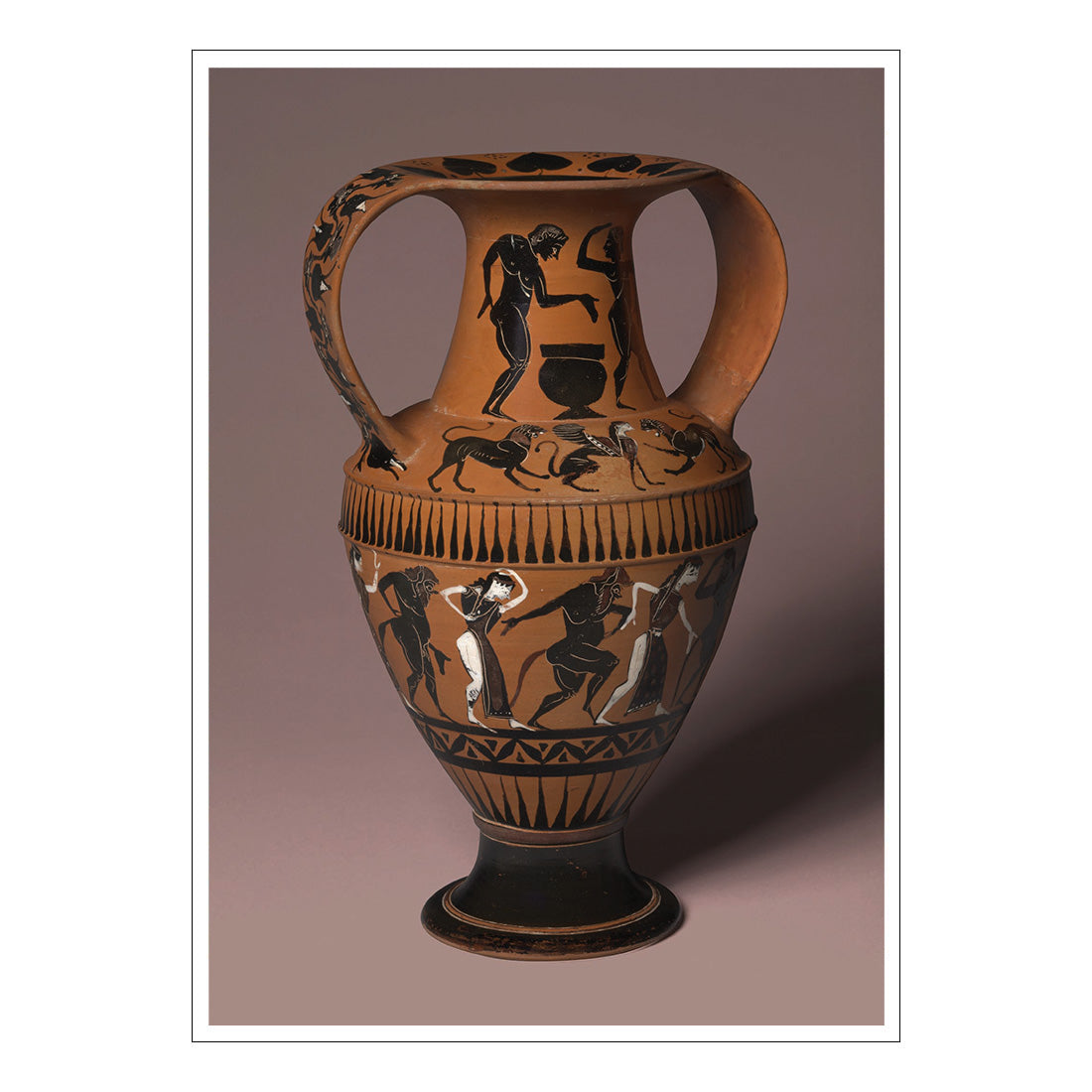 Ancient Greek vase with black-figure technique on a brown background