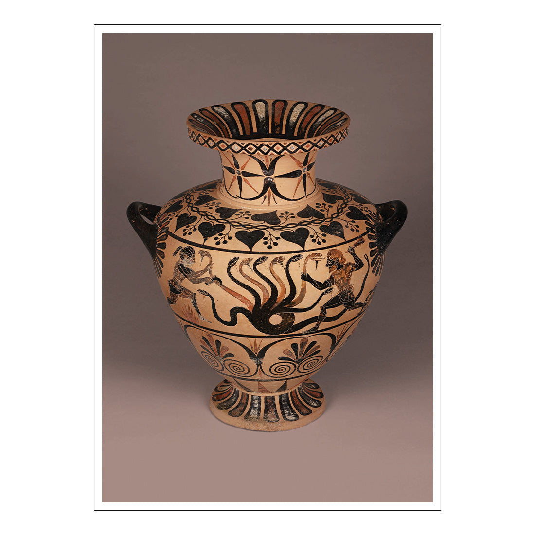 Ancient Greek vase with black animal figures on a brown background