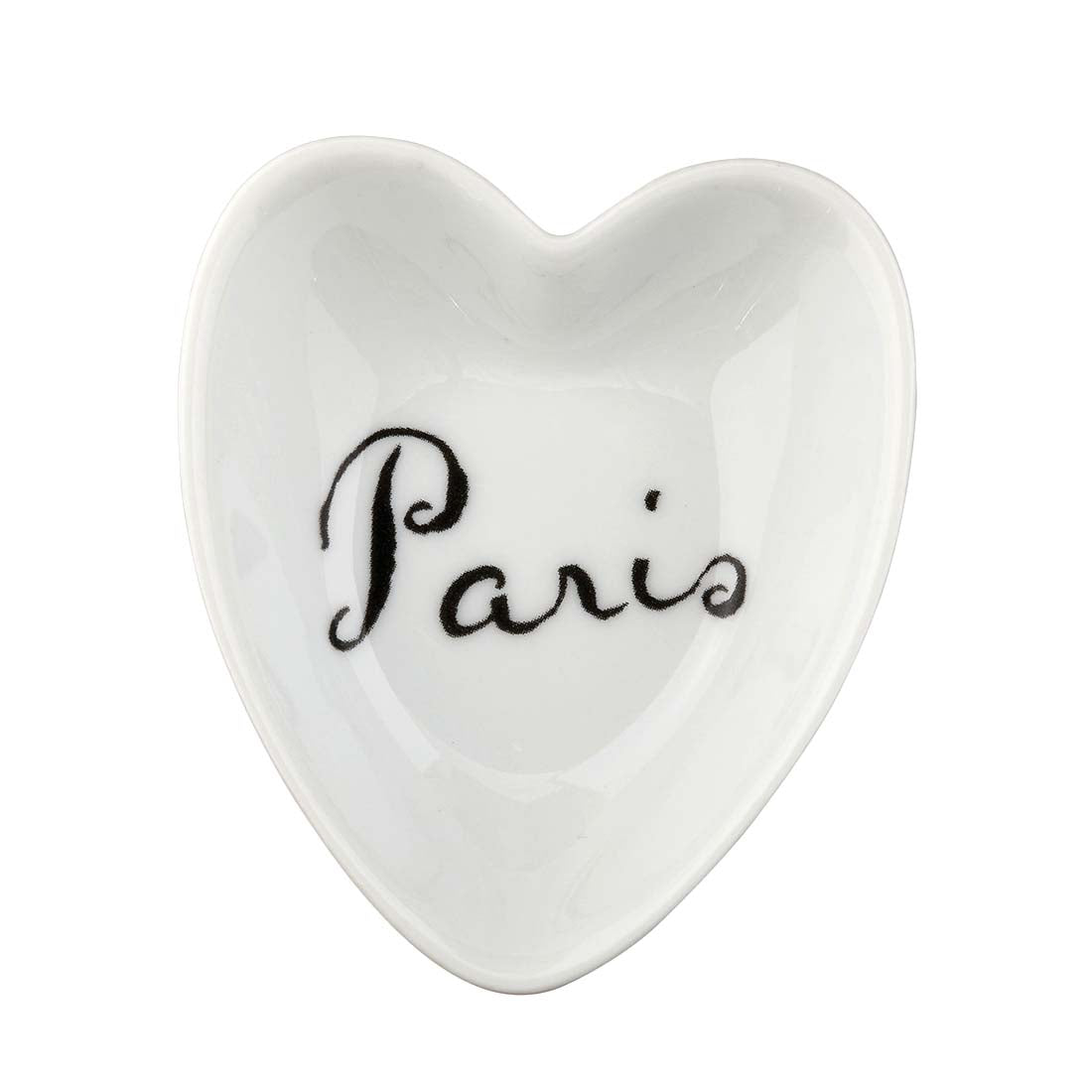 Heart-shaped white dish with 'Paris' text on a white background