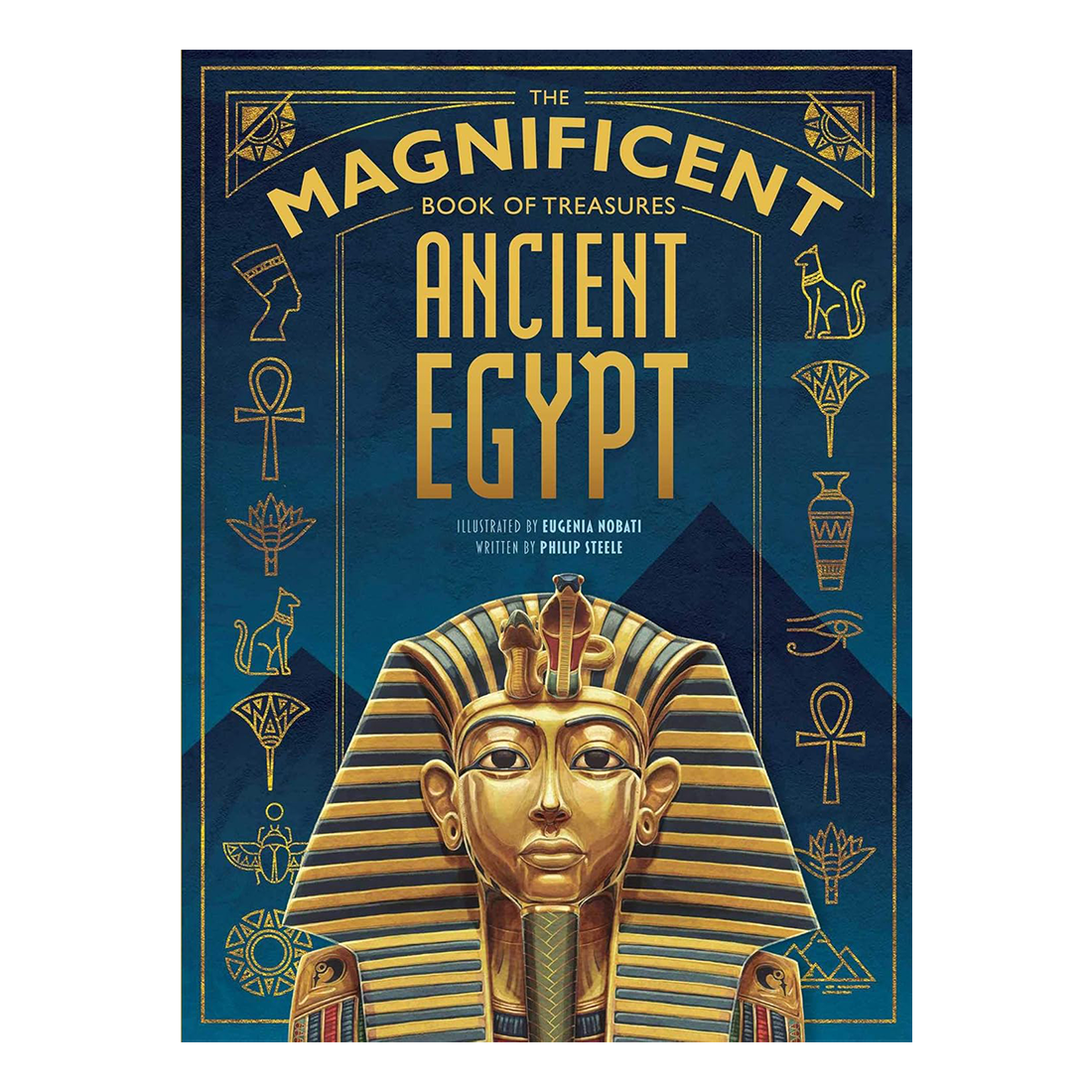 Book cover of 'The Magnificent Book of Treasures: Ancient Egypt' with Egyptian pharaoh design and hieroglyphs.