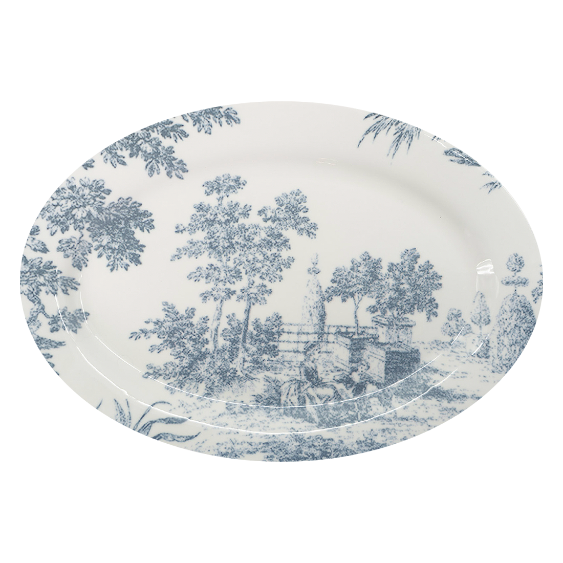 White plate with blue nature-themed pattern on a white background