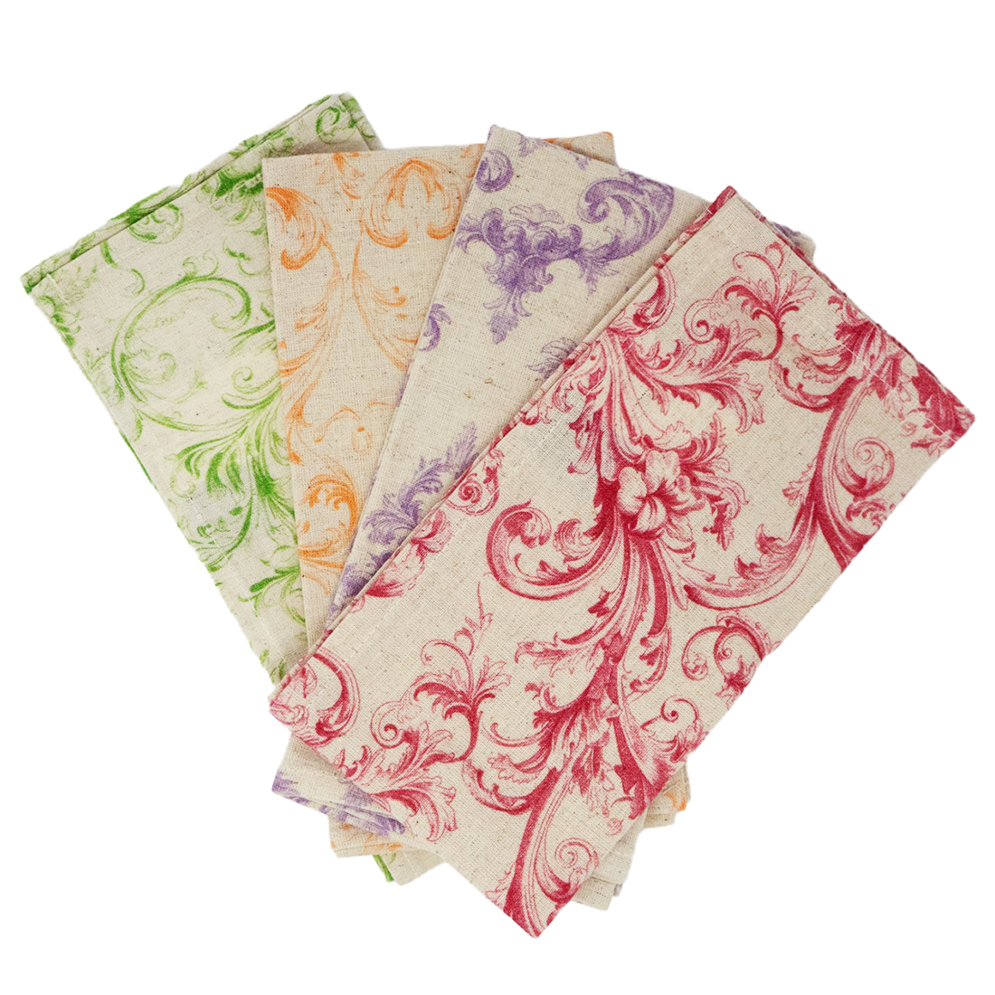 Set of four floral patterned napkins in green, orange, purple, and red