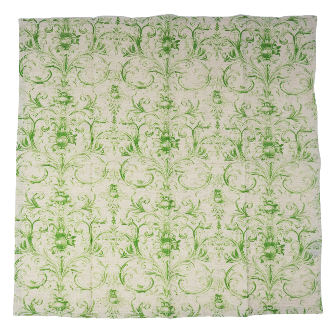 Green floral pattern on a white fabric swatch