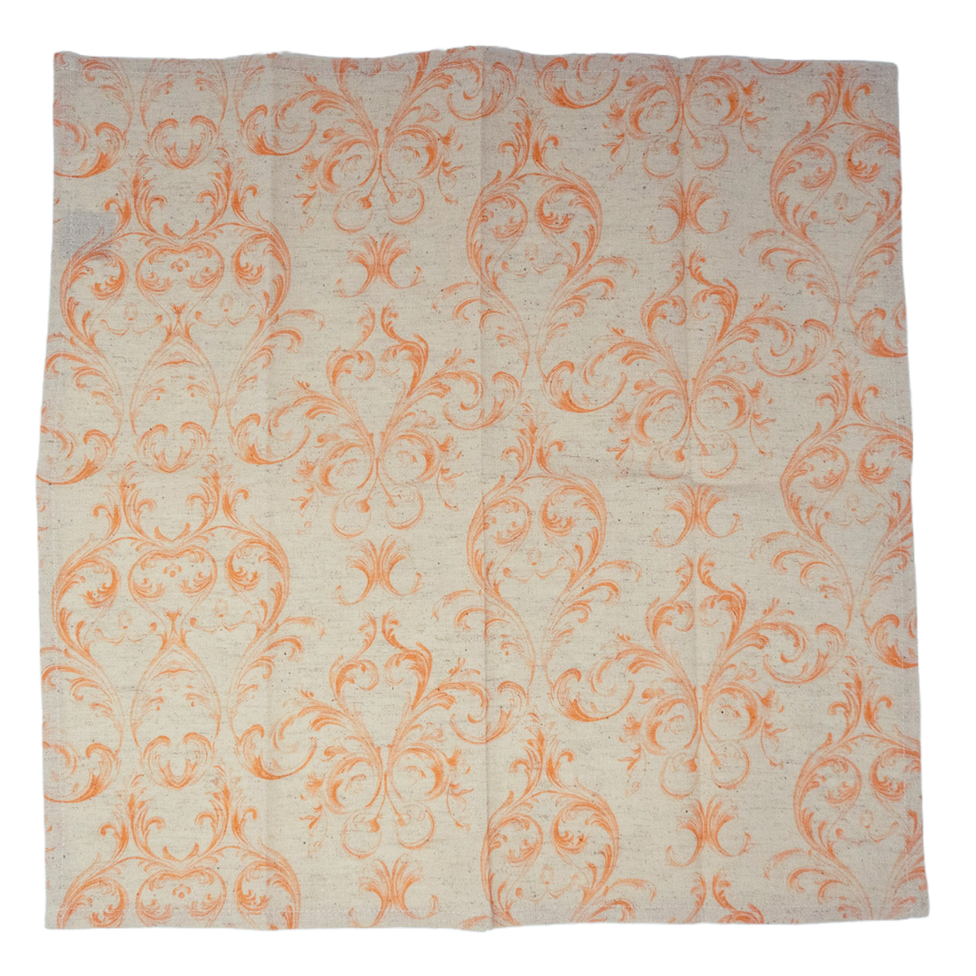 Decorative fabric with orange floral pattern on a white background