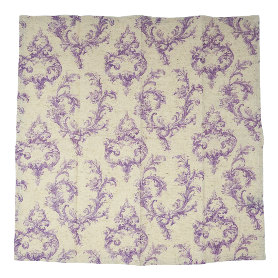 Purple floral pattern on a beige fabric swatch