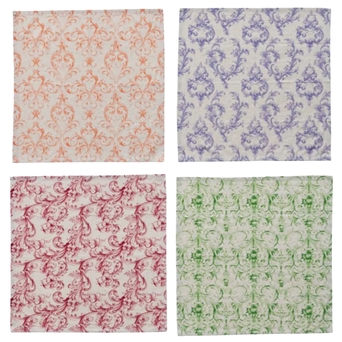 Four different patterned paper sheets in various colors on a white background