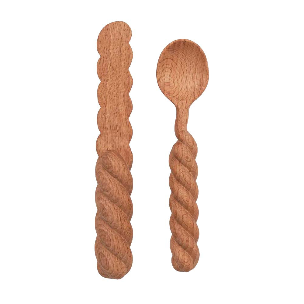 A wooden knife and spoon with a twisted design.