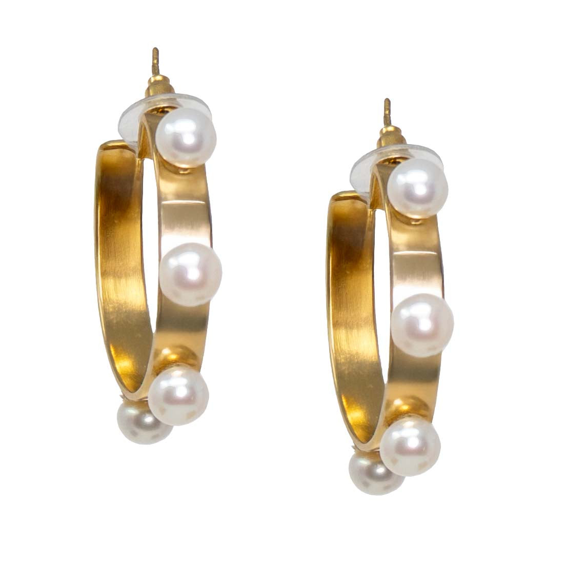 Gold hoop earrings with pearl accents on a white background
