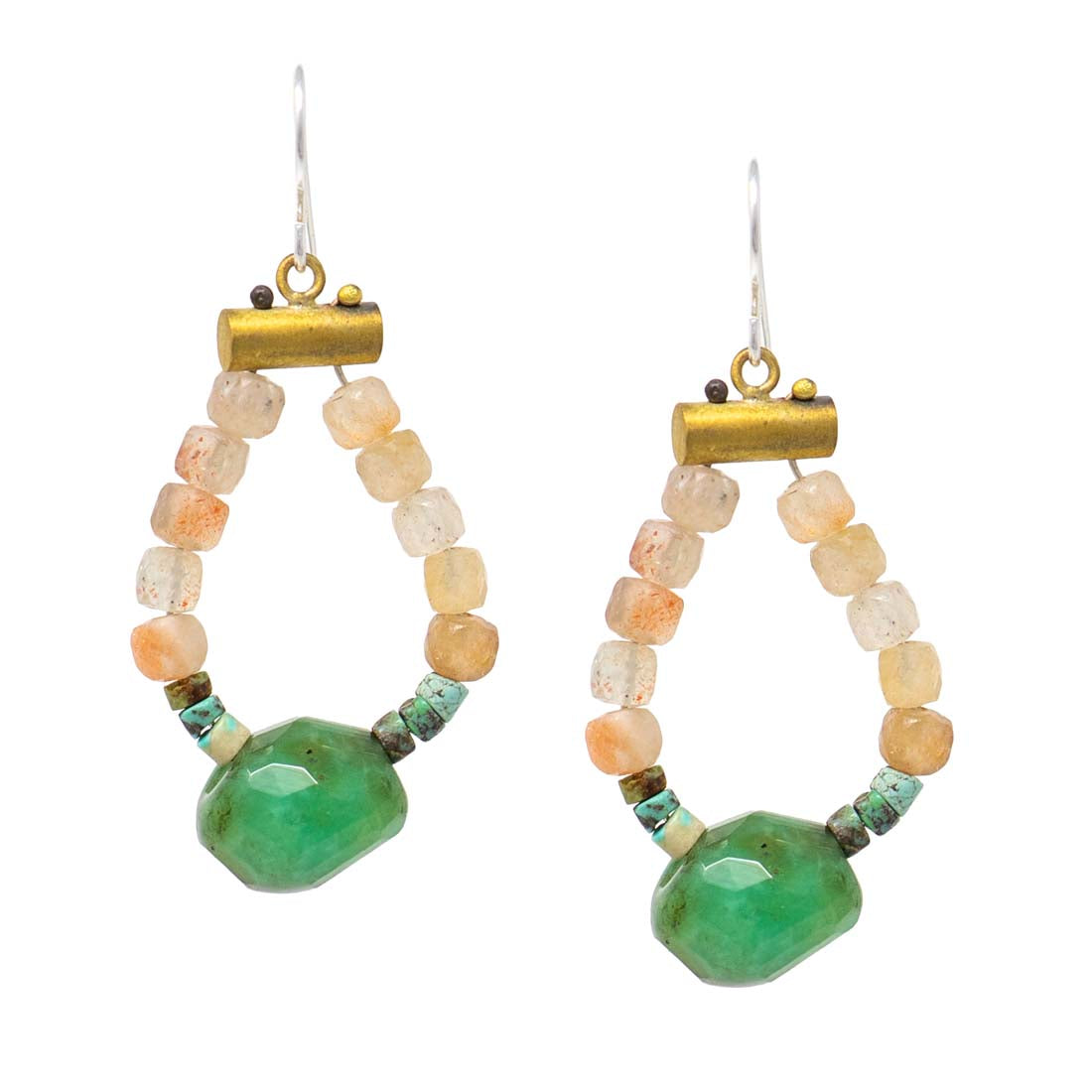 Pair of hoop earrings with green and multicolored beads on a white background