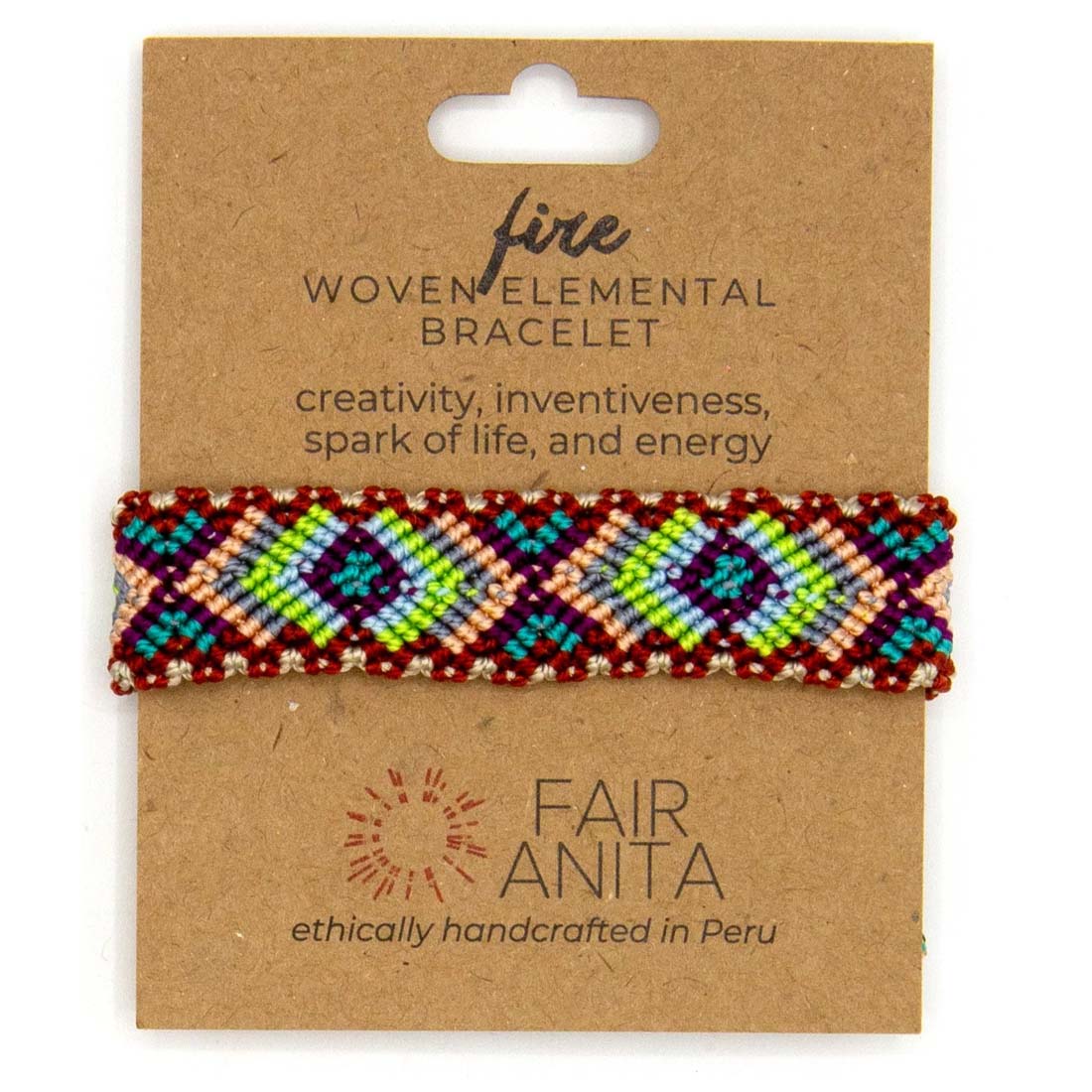 Woven bracelet on a Fair Anita packaging with text about creativity and energy.
