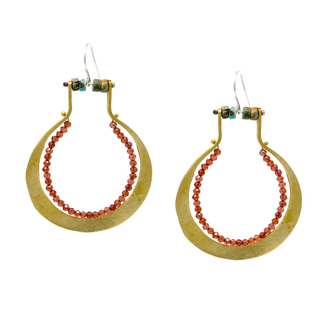 Gold hoop earrings with red bead detailing on a white background