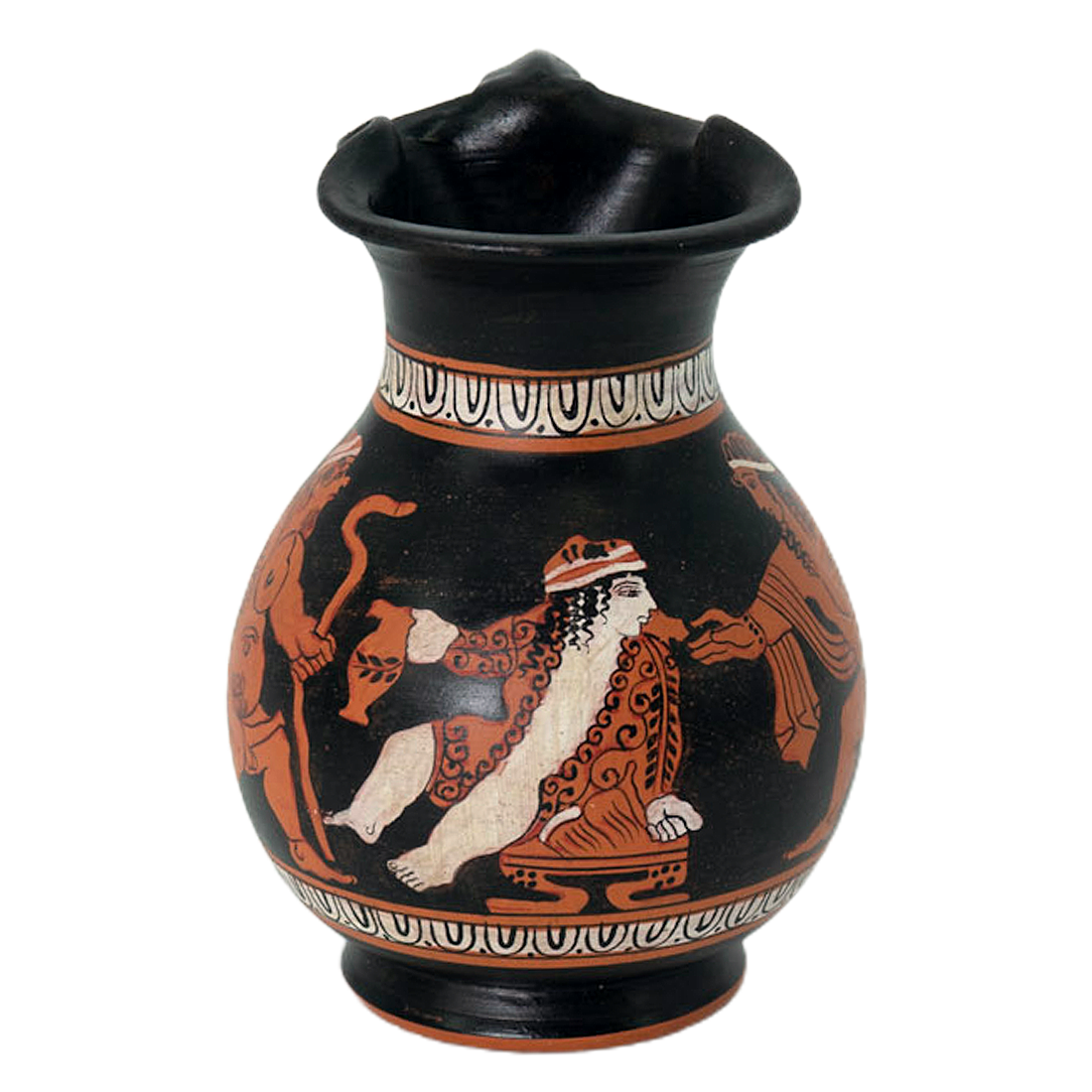 Black vase with red and white decorative patterns on a white background