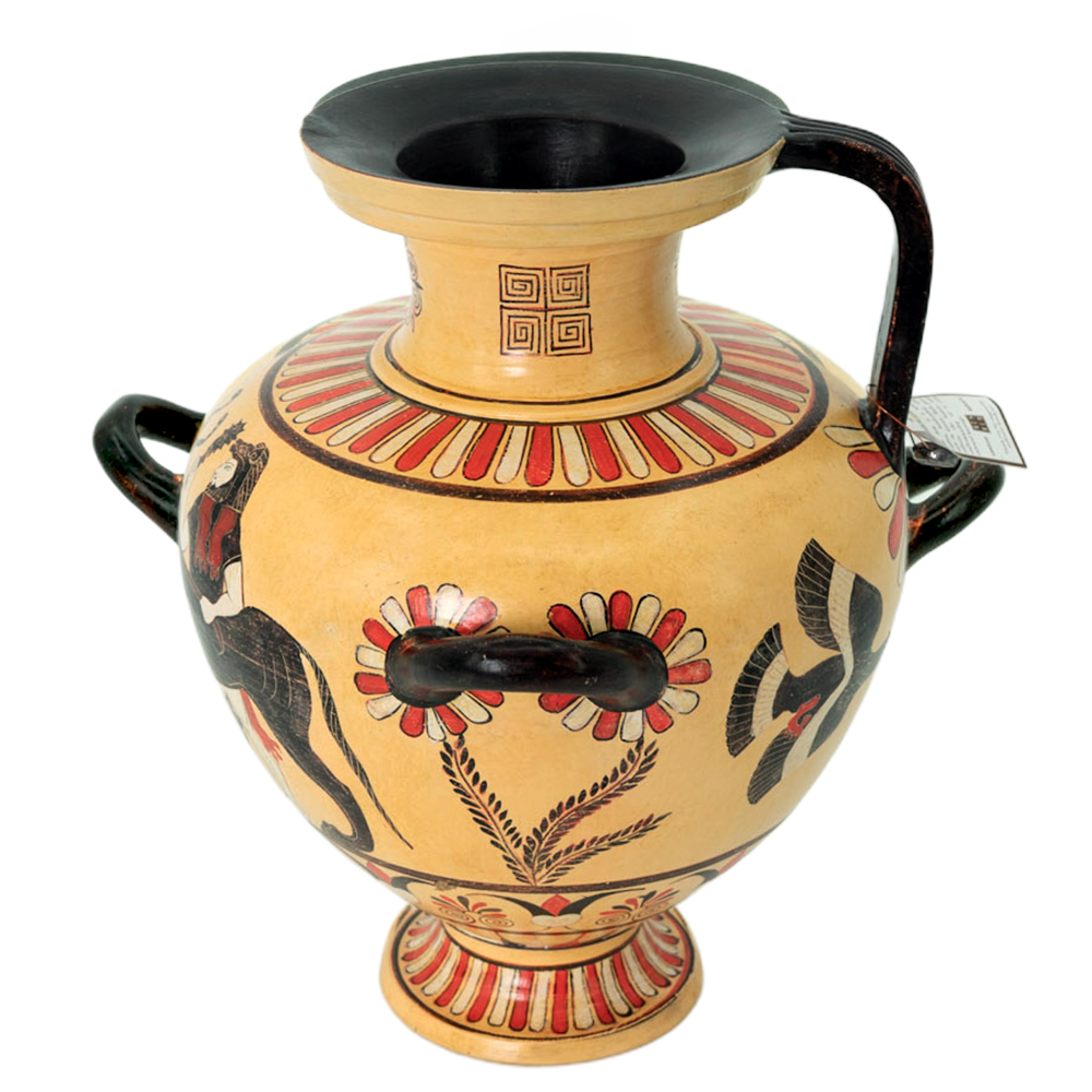 Decorative vase with black handles and colorful patterns on a white background